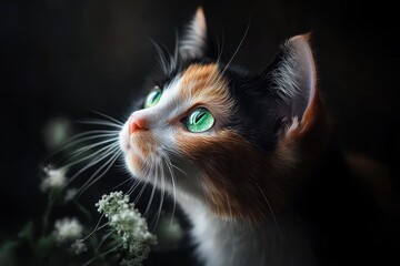 Poster - Calico cat looks upward, with bright green eyes and dark background.