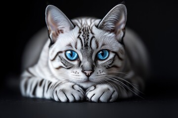 Poster - Grey cat with striking blue eyes lies on dark surface.