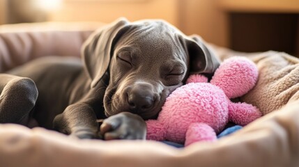 Wall Mural - Sleeping grey puppy with pink stuffed animal in a dog bed.