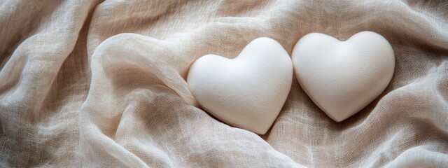 Poster - Two white heart shapes on flowing soft fabric.