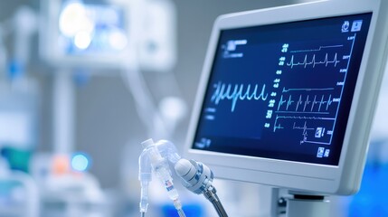 Poster - Medical Monitor Displaying Heartbeat and Vital Signs in a Hospital Environment, Focused on Advanced Technology and Patient Care in Intensive Care Unit Settings