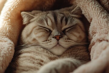Poster - Sleeping tabby cat wrapped in fuzzy blanket.