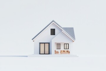Poster - White house with gray roof, couch, and windows.
