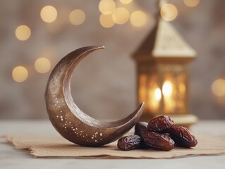 Aufkleber - Bronze crescent moon, dates, lantern on bokeh background.