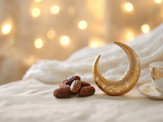Aufkleber - Dates, gold crescent moon, tea, and soft bokeh lights on white cloth.