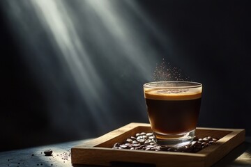 Aufkleber - Steaming espresso with coffee beans on tray, spotlighted.