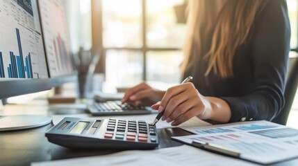 Poster - Woman analyzing data with calculator and computer.