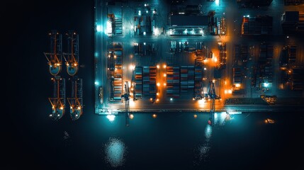 Poster - Aerial port view at night, glowing.