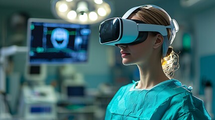 Poster - Medical professional using augmented reality glasses to interpret patient diagnostics in real-time during surgery Stock Photo with side copy space