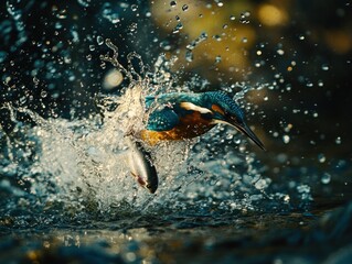Aufkleber - Kingfisher bird diving into water to catch a fish with water splash.