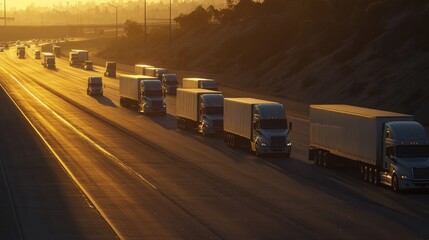 Poster - Many trucks travel on highway at sunset.