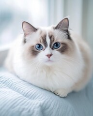 Poster - Fluffy ragdoll cat with blue eyes sits indoors near window.