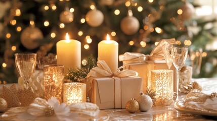 Aufkleber - Holiday decorations featuring gift boxes, candles, and ribbons surrounded by sparkling lights for a festive atmosphere. Generative AI