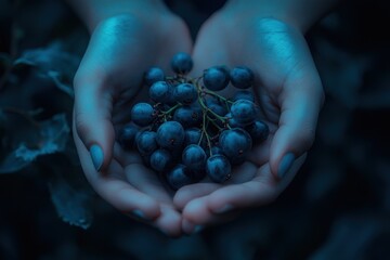 Poster - Hands cupping dark grapes, blue light, foliage background.