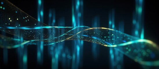 Poster - futuristic data stream with vibrant waves and bright particles in a digital environment for technolo