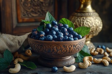 Poster - Bowl of blueberries and cashews with decorated wood background.