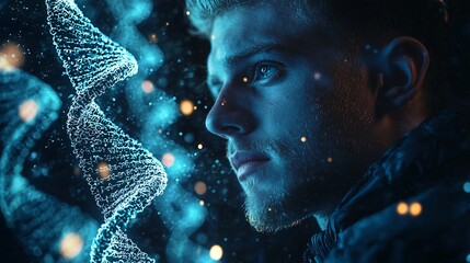 Poster - Graphic representation of DNA sequences in the background of a lab technician conducting genetic diagnostics Stock Photo with side copy space