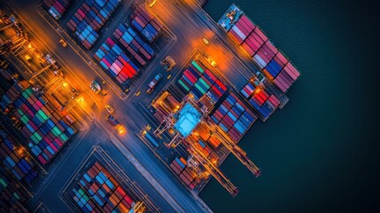 Poster - Aerial view of a container port at night with lights.