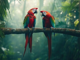 Poster - Two scarlet macaws perch on branch, tropical rainforest, light.