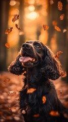 Aufkleber - Black dog looking up at falling leaves in autumn forest.