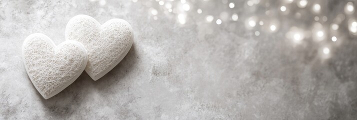 Aufkleber - Two white hearts with blurred bokeh lights background.