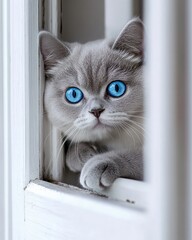 Poster - Gray kitten with striking blue eyes peeks through white frame.