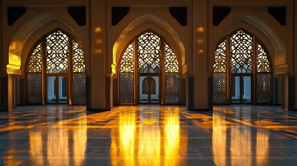 Poster - Arched hall with ornate windows, sunlit.