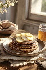 Poster - Stack of pancakes topped with sliced apple, jar of honey in the background.