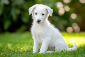 Poster - White puppy sitting outdoors on grass looking at camera.