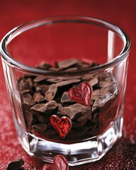 Wall Mural - A glass filled with chocolate pieces and red heart decorations.