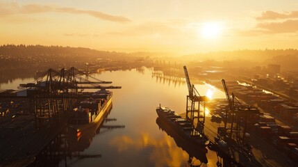 Poster - Golden sunset illuminates a busy shipping port with cargo ships and cranes.