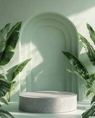 Poster - Green wall with arc, platform, and tropical plant leaves.