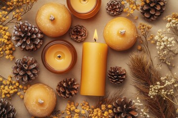 Poster - Yellow candles, pine cones, and dried flowers flatlay.