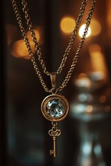 Aufkleber - Golden necklace with key pendant and light background.