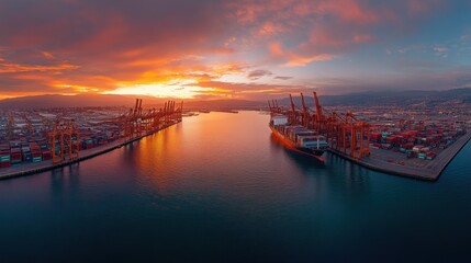 Poster - Sunset over busy cargo port with containers and cranes.