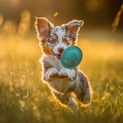 Poster - Happy puppy jumping for frisbee outdoors in golden hour.