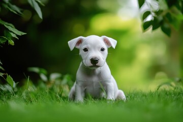 Poster - White puppy sits on grass looking forward.