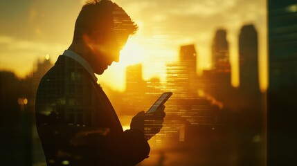 Poster - Businessman using phone at golden hour, city skyline behind.