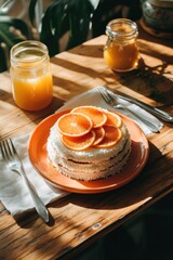 Poster - Cake with orange slices, two drinks, on a wood table.