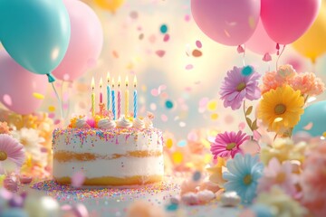Poster - Birthday cake, candles, balloons, flowers, and confetti in pastel colors.