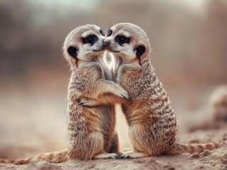 Two meerkats cuddling, looking lovingly at each other in a sandy area.