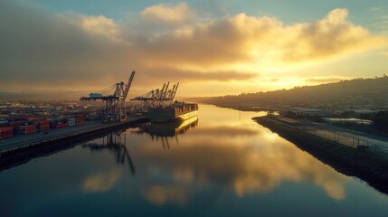 Poster - Port with cranes and cargo ship at sunrise.