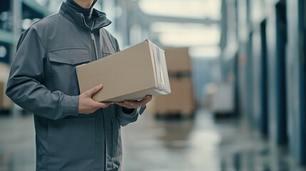 Poster - Worker holding package inside a warehouse.
