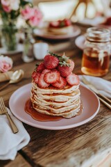Poster - Pancakes topped with fresh strawberries and maple syrup on a wooden table.