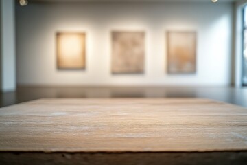 Aufkleber - Wooden surface foreground, abstract paintings wall gallery blur.