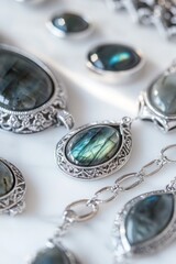 Aufkleber - Labradorite stone jewelry pendants and necklaces on white surface.