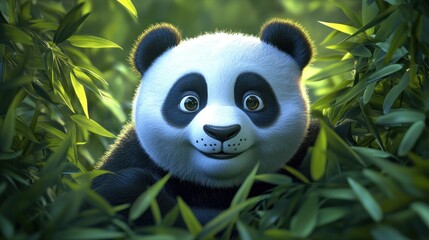 Poster - Panda face portrait in bamboo leaves.