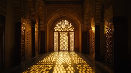 Poster - Golden light through ornate archway with intricate lattice screen.