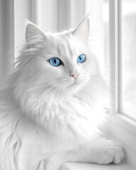 Wall Mural - White cat with blue eyes looks out window.