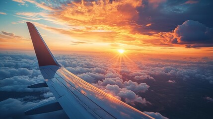 Aufkleber - The sky bursts into vivid hues of orange and gold as the sun peeks over the horizon, illuminating the clouds below an airplane wing in mid-flight. A breathtaking moment unfolds